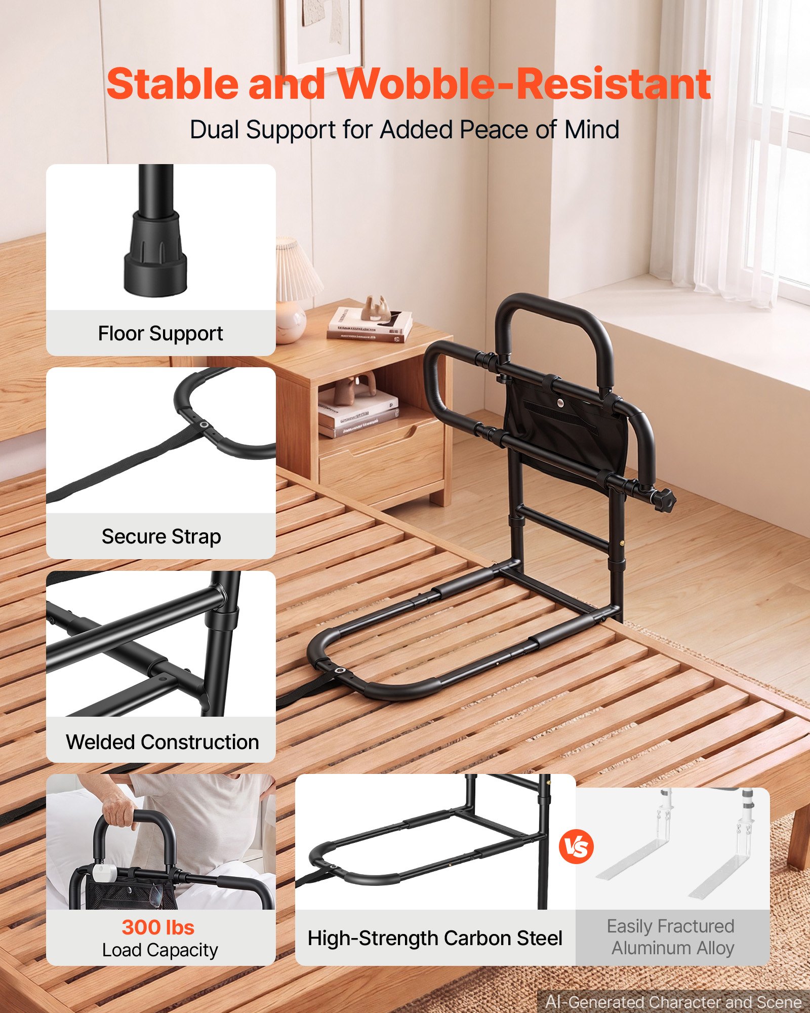 VEVOR Bed Rail for Elderly Adult Folding Bed Assist Rail with Floor Support, Motion Sensor LED Light, 136kg Dual-Handle Support, Adjustable Handle Length, Storage Pocket, Fit King Queen Full Twin Bed