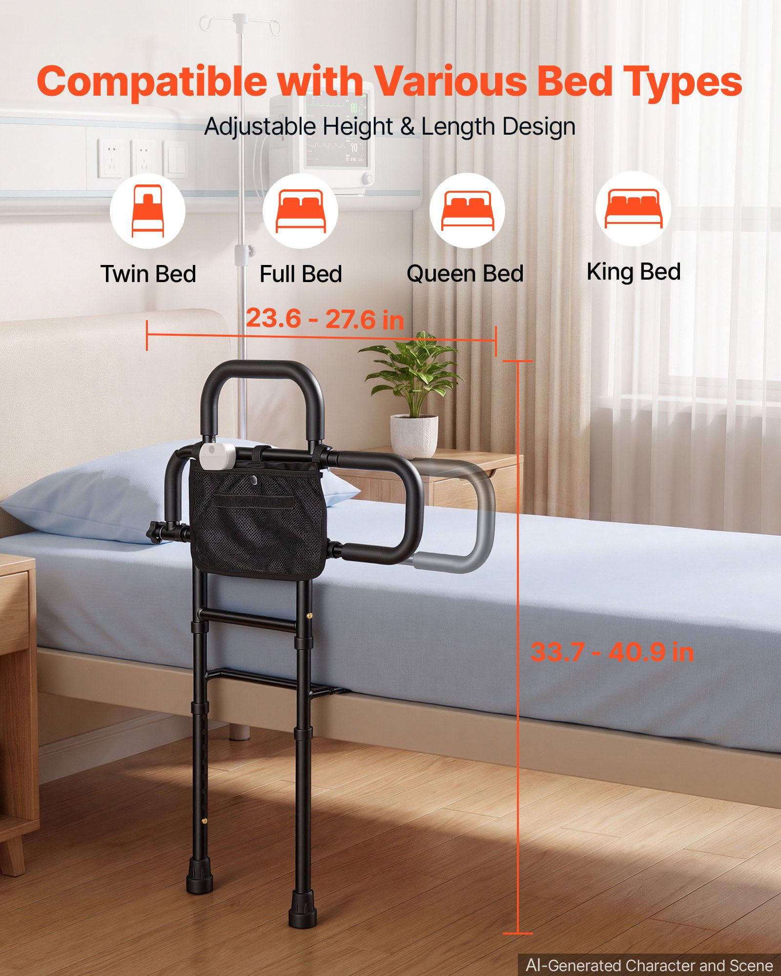 VEVOR Bed Rail for Elderly Adult Folding Bed Assist Rail with Floor Support, Motion Sensor LED Light, 136kg Dual-Handle Support, Adjustable Handle Length, Storage Pocket, Fit King Queen Full Twin Bed