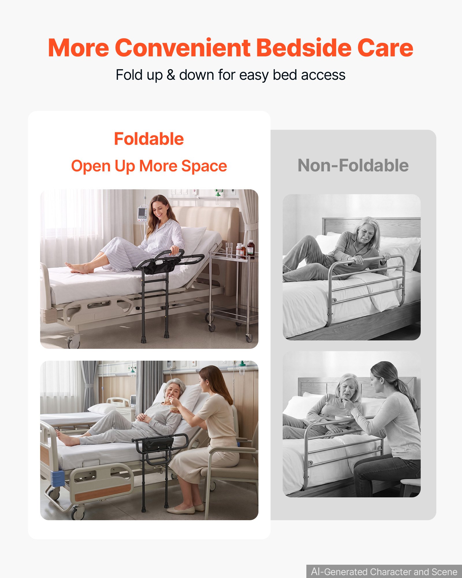 VEVOR Bed Rail for Elderly Adult Folding Bed Assist Rail with Floor Support, Motion Sensor LED Light, 136kg Dual-Handle Support, Adjustable Handle Length, Storage Pocket, Fit King Queen Full Twin Bed