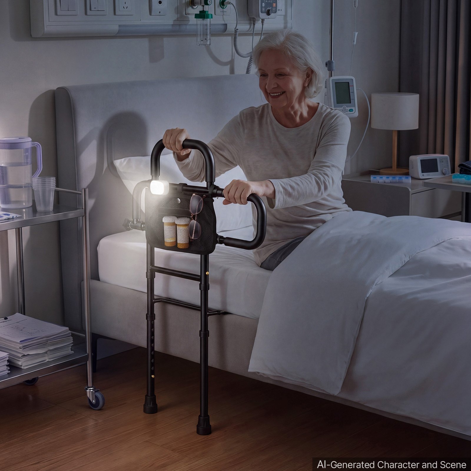 VEVOR Bed Rail for Elderly Adult Folding Bed Assist Rail with Floor Support, Motion Sensor LED Light, 136kg Dual-Handle Support, Adjustable Handle Length, Storage Pocket, Fit King Queen Full Twin Bed