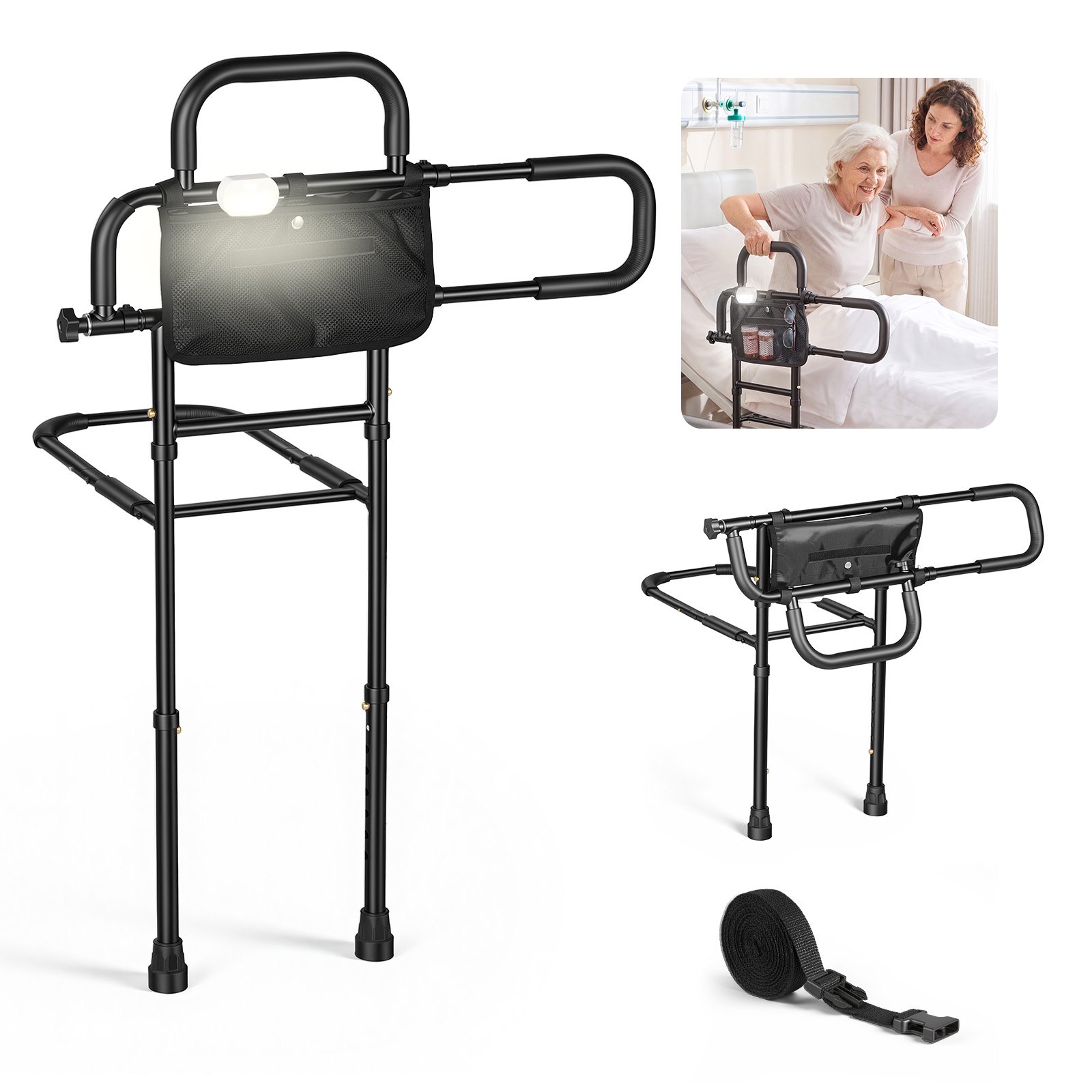 VEVOR Bed Rail for Elderly Adult Folding Bed Assist Rail with Floor Support, Motion Sensor LED Light, 136kg Dual-Handle Support, Adjustable Handle Length, Storage Pocket, Fit King Queen Full Twin Bed