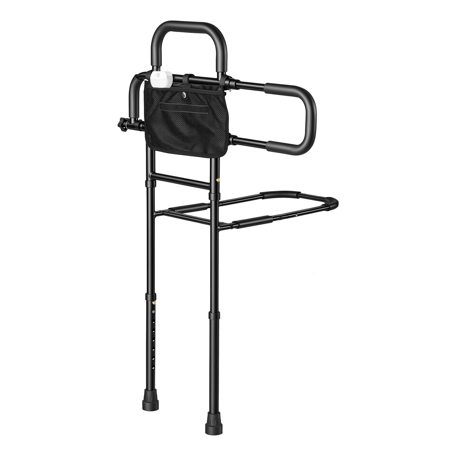 VEVOR Bed Rail for Elderly Adult Folding Bed Assist Rail with Floor Support, Motion Sensor LED Light, 136kg Dual-Handle Support, Adjustable Handle Length, Storage Pocket, Fit King Queen Full Twin Bed