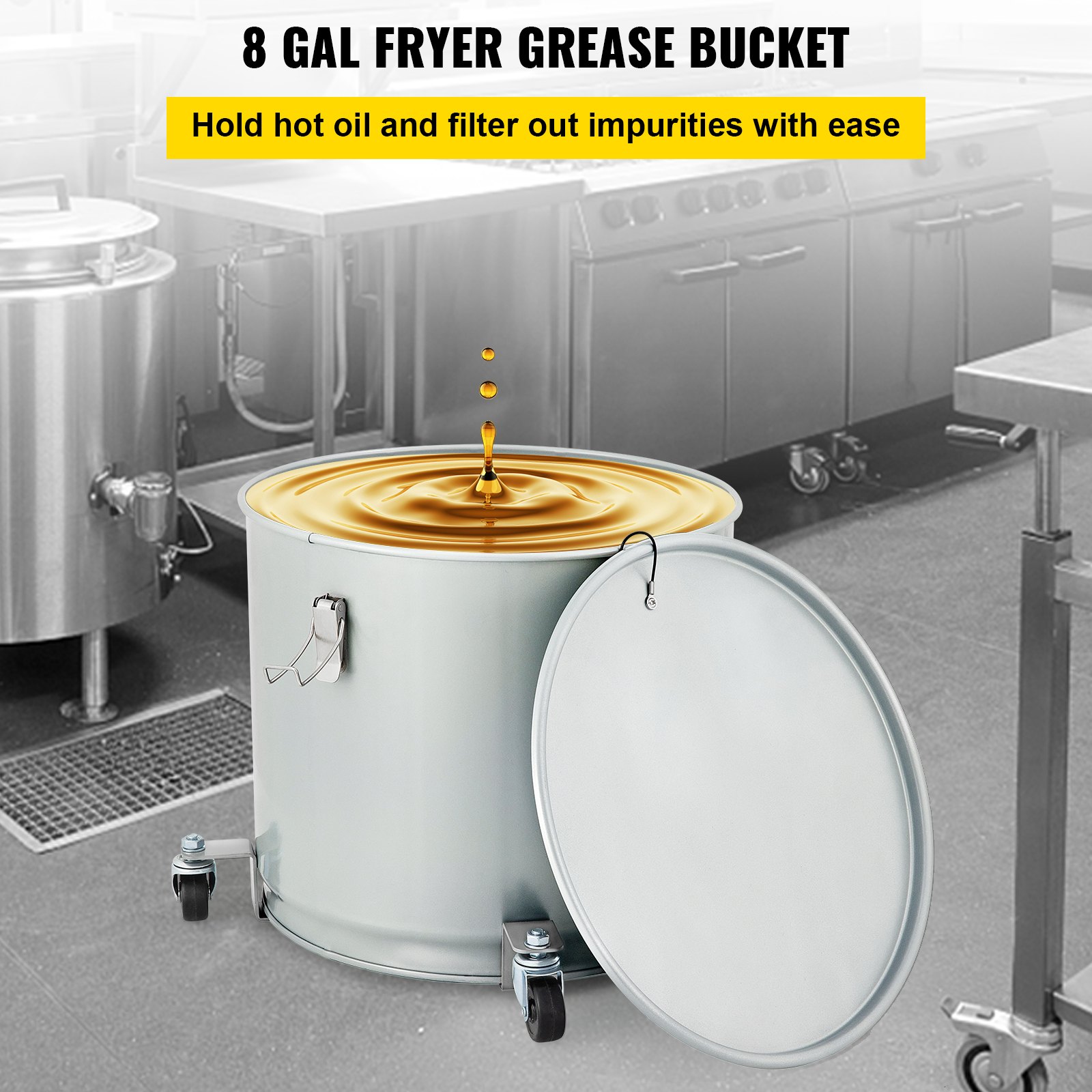 VEVOR Fryer Grease Bucket Oil Disposal Caddy with Caster Base Filter Bag 8 Gal