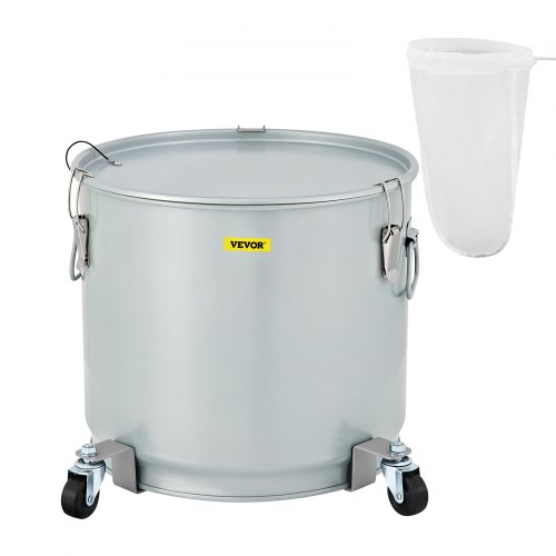VEVOR Fryer Grease Bucket, 10.6 Gal/40 L, Coated Carbon Steel Oil Filter Pot with Caster Base, Oil Disposal Caddy with 82 LBS Capacity, Transport Container with Lid Lock Clip Nylon Filter Bag, Silver