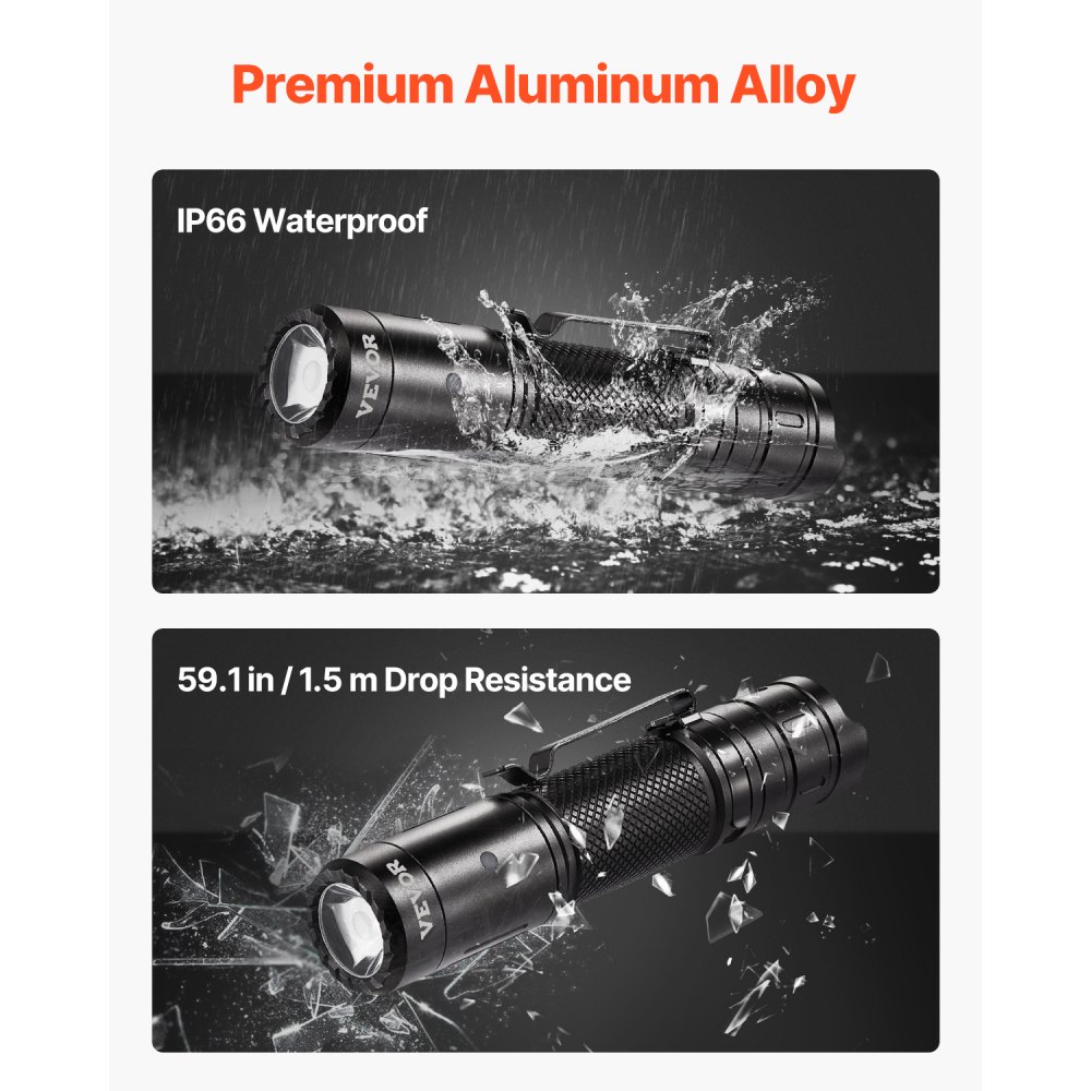 VEVOR Rechargeable Flashlight, High Lumens LED Flashlight with 6 Lighting Modes, IP66 Waterproof Handheld Flash Light for Home, Hiking, Camping, Emergencies, Lightweight & Portable