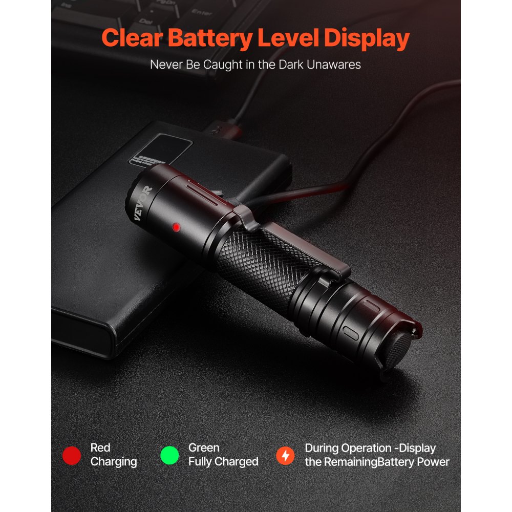 VEVOR Rechargeable Flashlight, High Lumens LED Flashlight with 6 Lighting Modes, IP66 Waterproof Handheld Flash Light for Home, Hiking, Camping, Emergencies, Lightweight & Portable