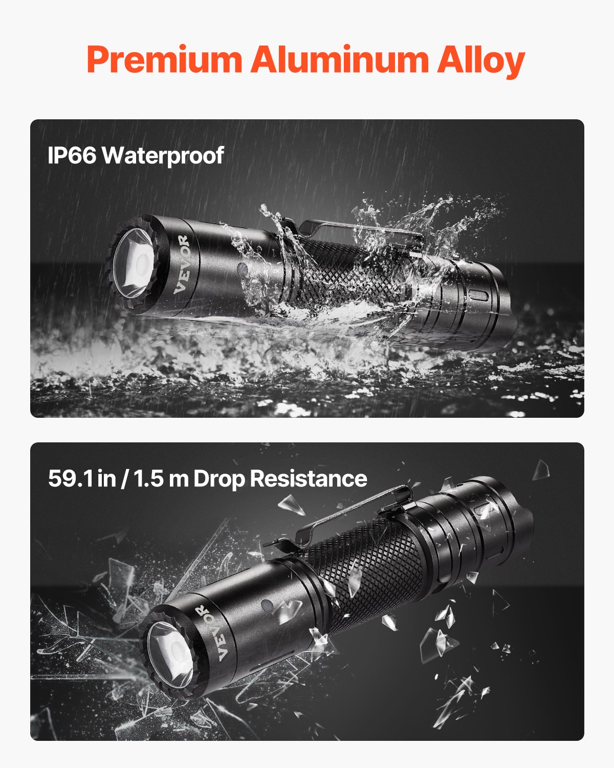 VEVOR Rechargeable Flashlight, High Lumens LED Flashlight with 6 Lighting Modes, IP66 Waterproof Handheld Flash Light for Home, Hiking, Camping, Emergencies, Lightweight & Portable