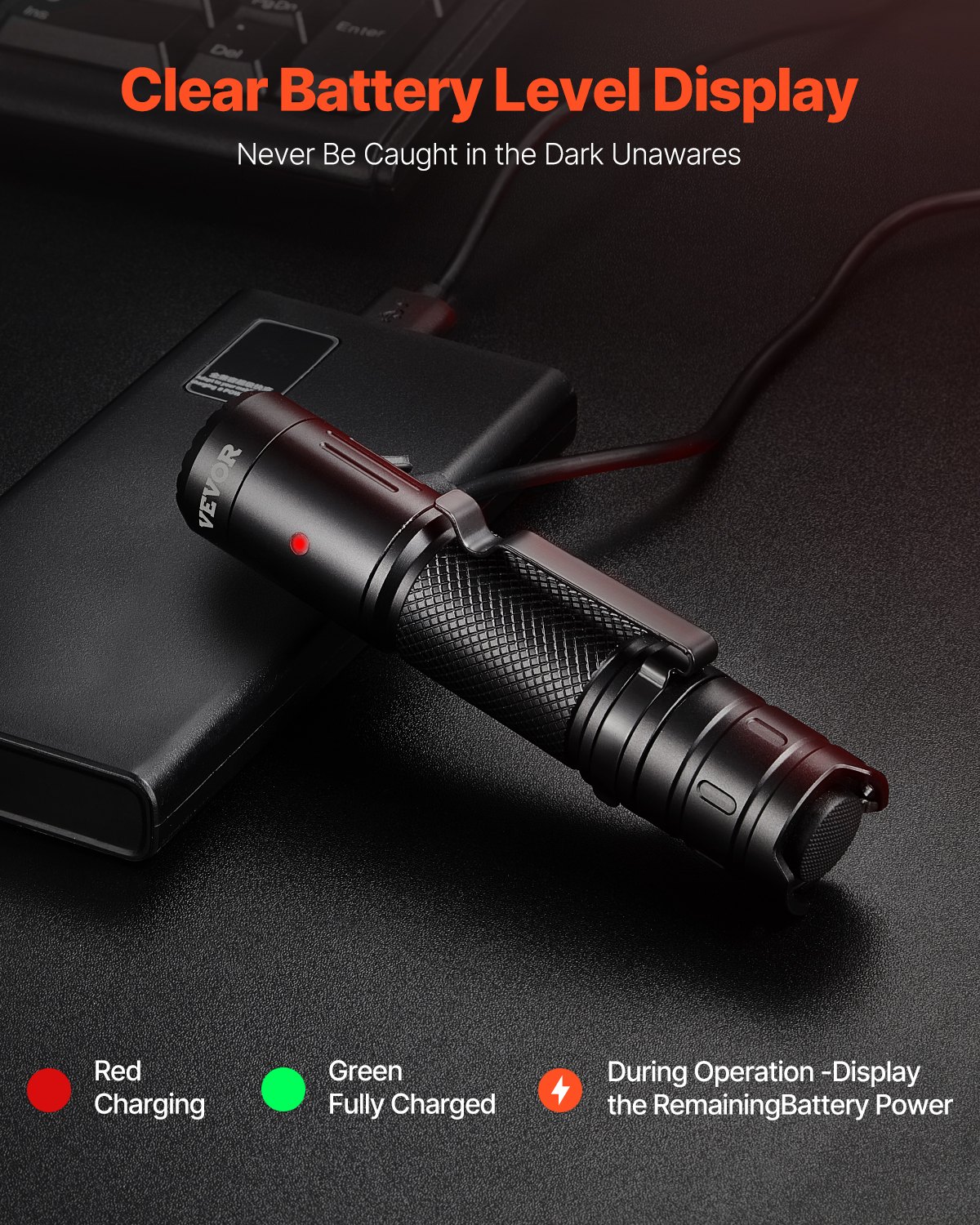 VEVOR Rechargeable Flashlight, High Lumens LED Flashlight with 6 Lighting Modes, IP66 Waterproof Handheld Flash Light for Home, Hiking, Camping, Emergencies, Lightweight & Portable