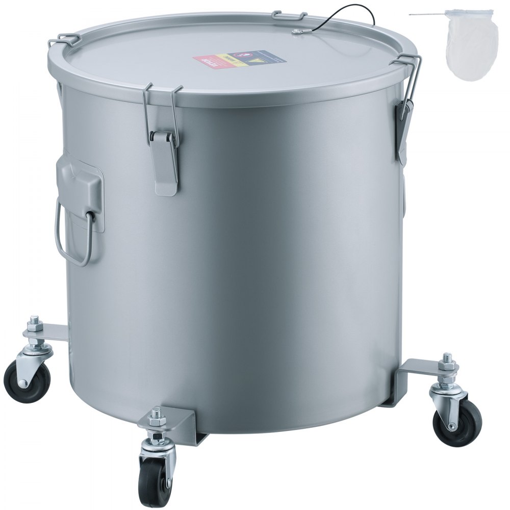 VEVOR fryer grease bucket with lid, handles, and caster wheels for easy mobility. clean and efficient design.