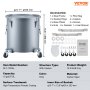 VEVOR fryer grease bucket accessories, specifications, and dimensions displayed with casters and handles.