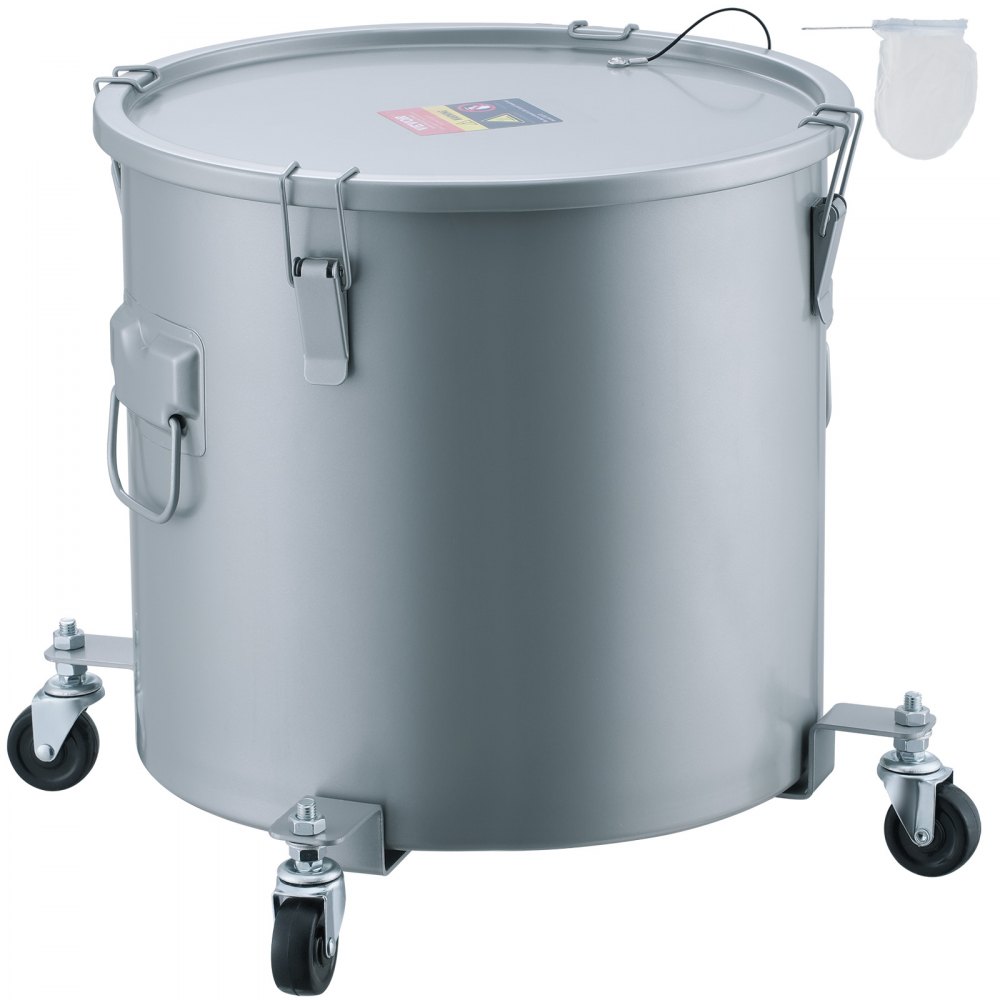 VEVOR fryer grease bucket with lid, handles, and wheels for easy transport and storage.