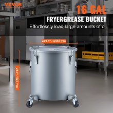 VEVOR Fryer Grease Bucket, 16 Gal Oil Disposal Caddy with Caster Base, Carbon Steel Rust-Proof Coating, Oil Transport Container with Lid, Lock Clips, Filter Bag for Hot Cooking Oil Filtering, Gray