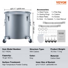 VEVOR Fryer Grease Bucket, 60.5L/16Gal Oil Disposal Caddy with Caster Base, Carbon Steel Rust-Proof Coating, Oil Transport Container with Lid, Lock Clips, Filter Bag for Hot Cooking Oil Filtering, Gray