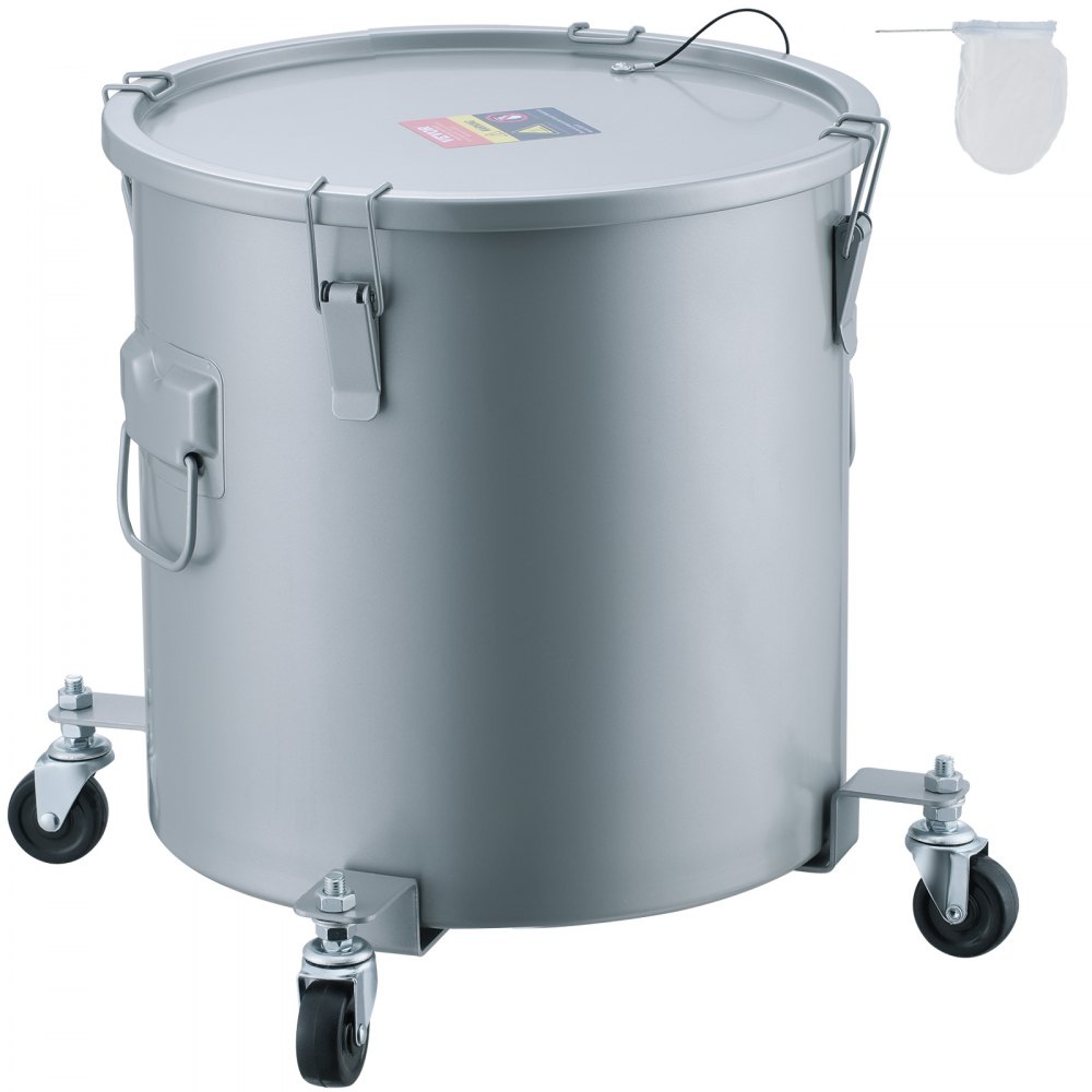 metal VEVOR fryer grease bucket with wheels and lid, includes a grease filter bag.