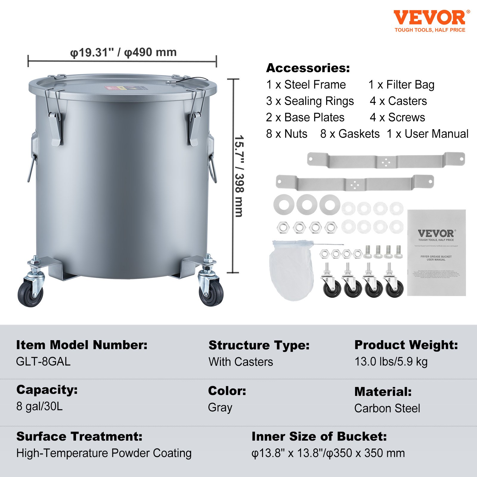 VEVOR Fryer Grease Bucket, 8 Gal Oil Disposal Caddy with Caster Base, Carbon Steel with Rust-Proof Coating, Oil Transport Container with Lid, Lock Clips, Filter Bag for Hot Cooking Oil Filtering, Gray