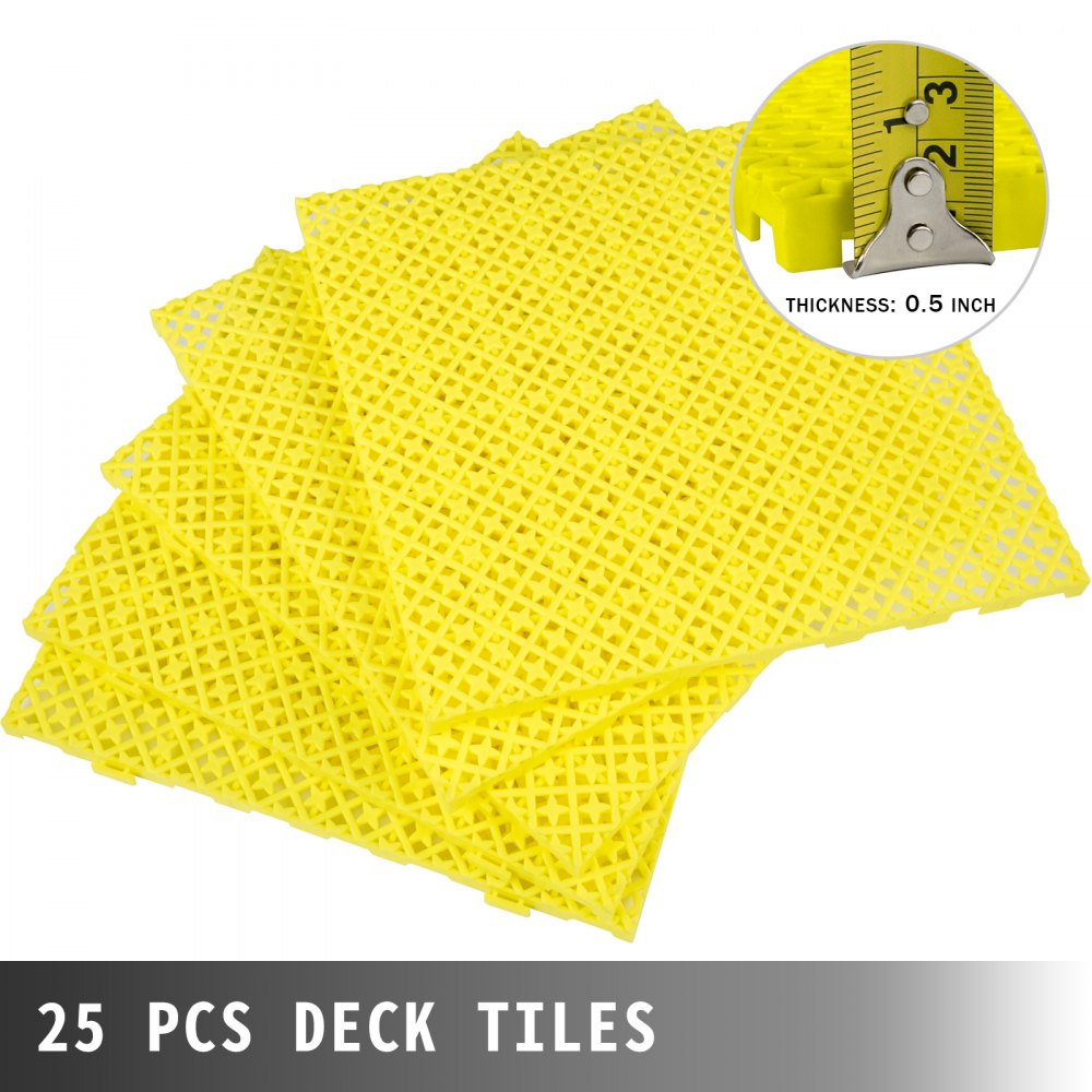 VEVOR Drainage Tiles Interlocking 25 Pack Yellow, Outdoor Modular Interlocking Deck Tile 11.8x11.8x0.5 Inches, Dry Deck Tiles for Pool Shower Sauna Bathroom Deck Patio Garage