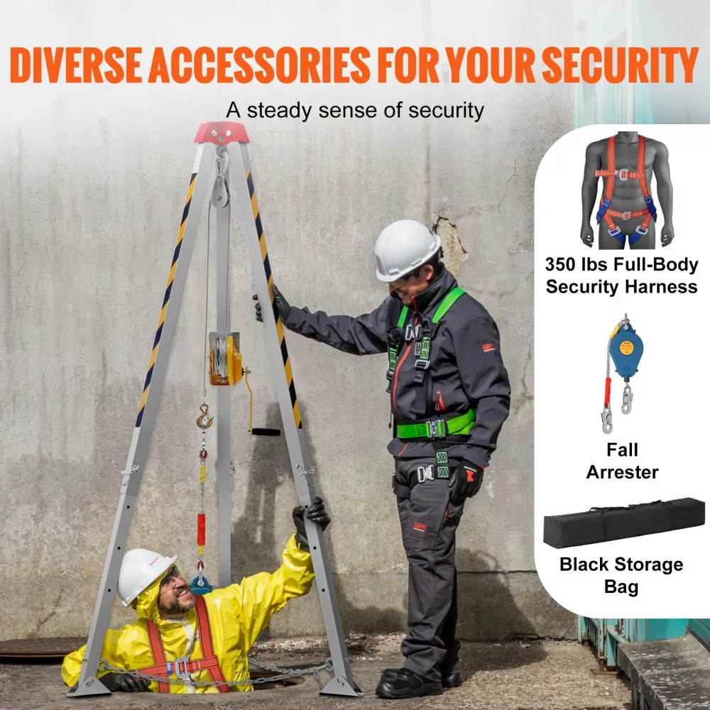 VEVOR Confined Space Tripod Kit, 544 kg Winch, Confined Space Tripod 2.13 m Legs and 30 m Cable, Confined Space Rescue Tripod 10 m Fall Protection, Harness, Storage Bag for Traditional Confined Spaces