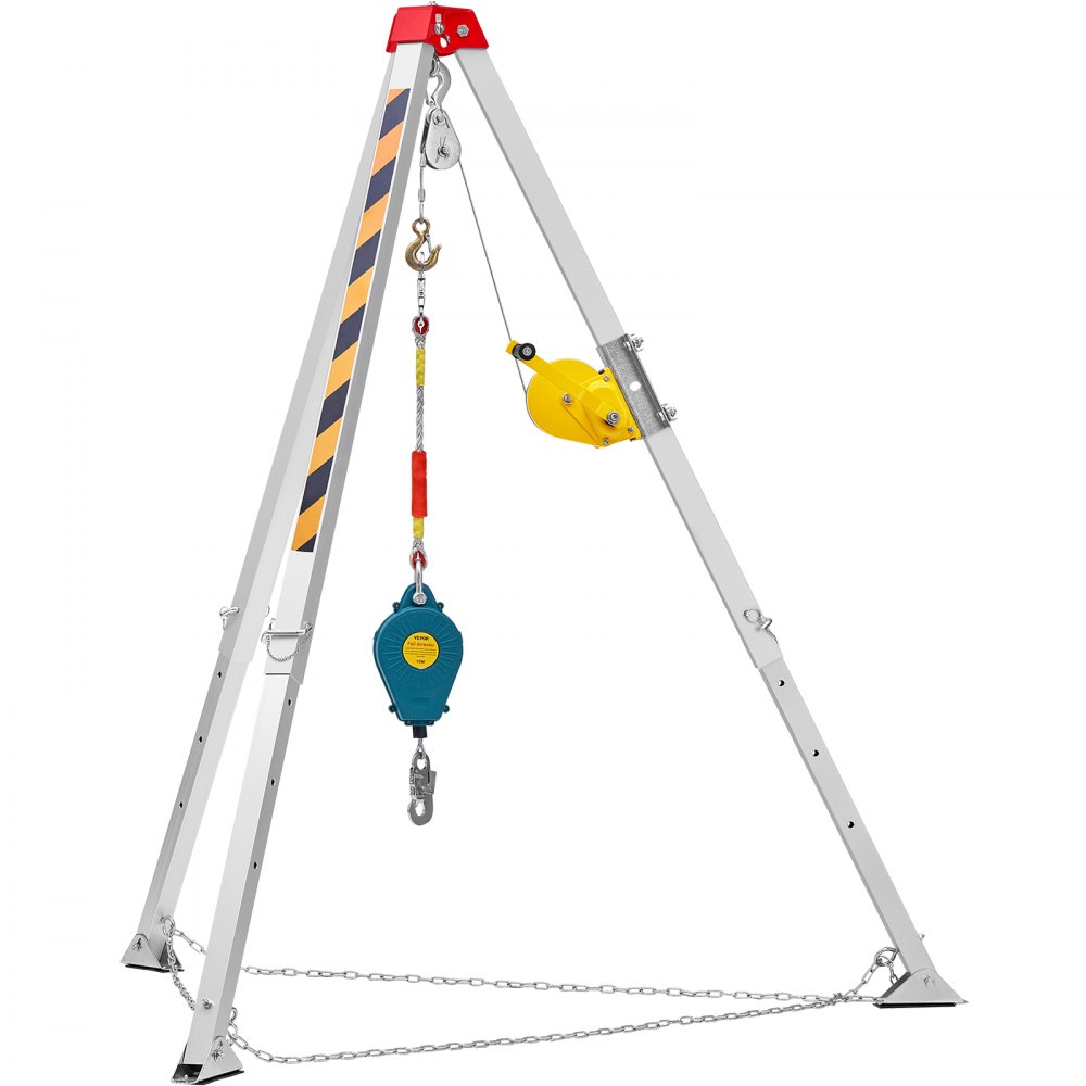 VEVOR confined space tripod kit with pulley system, yellow winch, and safety chains.