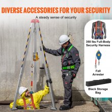 VEVOR Confined Space Tripod Kit, Confined Space Tripod 7' Legs and 98' Cable, Confined Space Rescue Tripod 32.8' Fall Protection, 1200 lbs Winch, Harness, Storage Bag