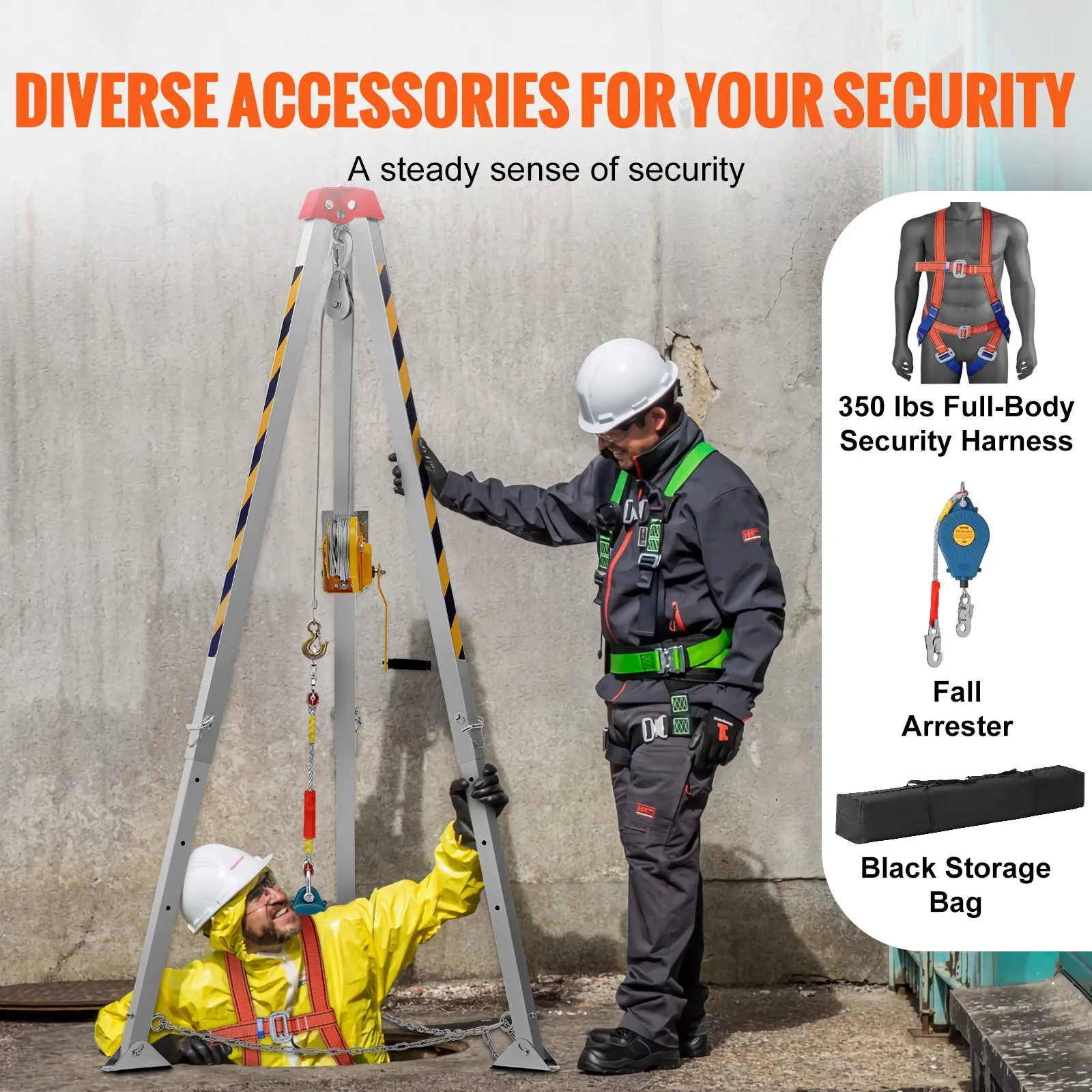 VEVOR confined space tripod kit with full-body harness, fall arrester, and black storage bag.