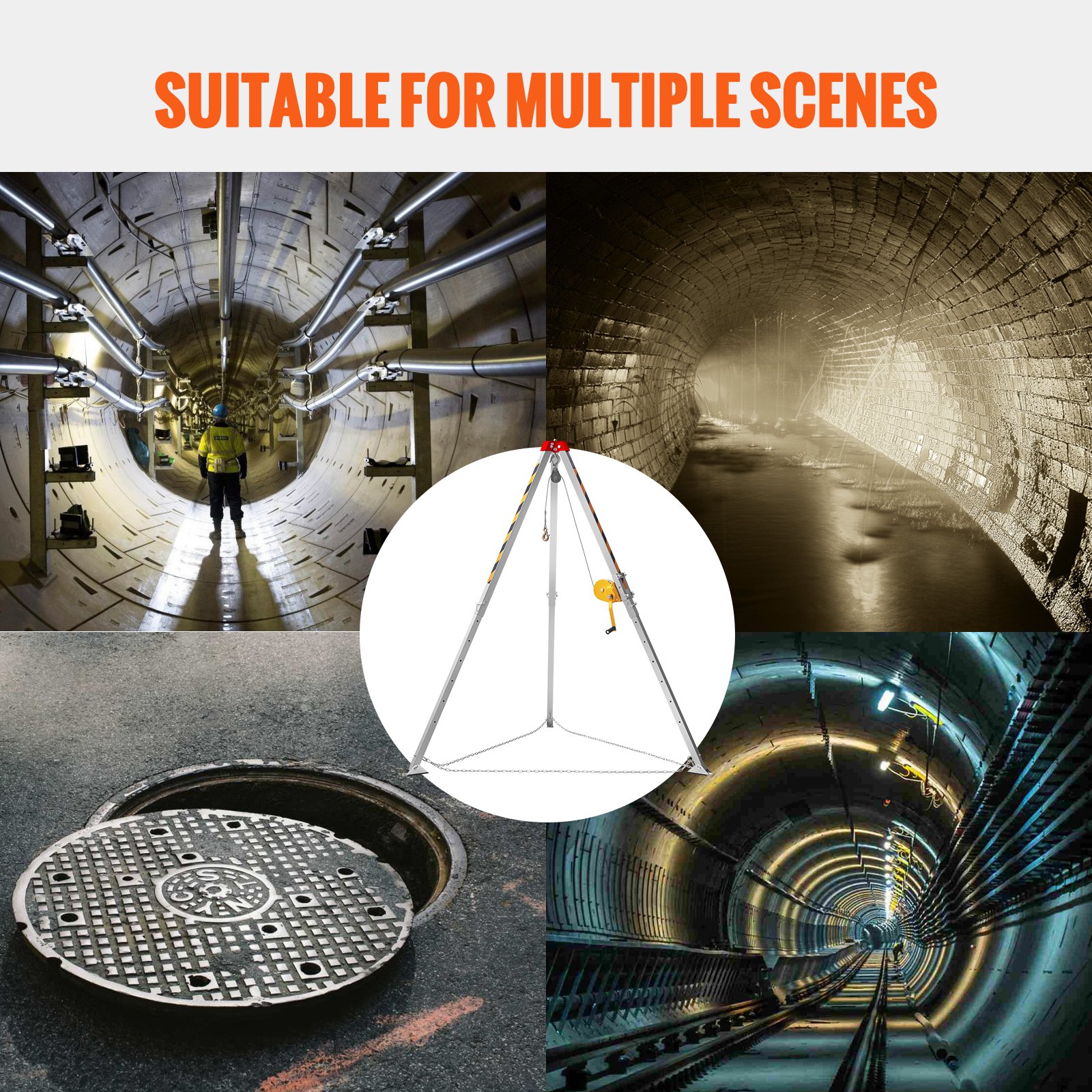 VEVOR confined space tripod kit for various environments, including sewers, manholes, and tunnels.