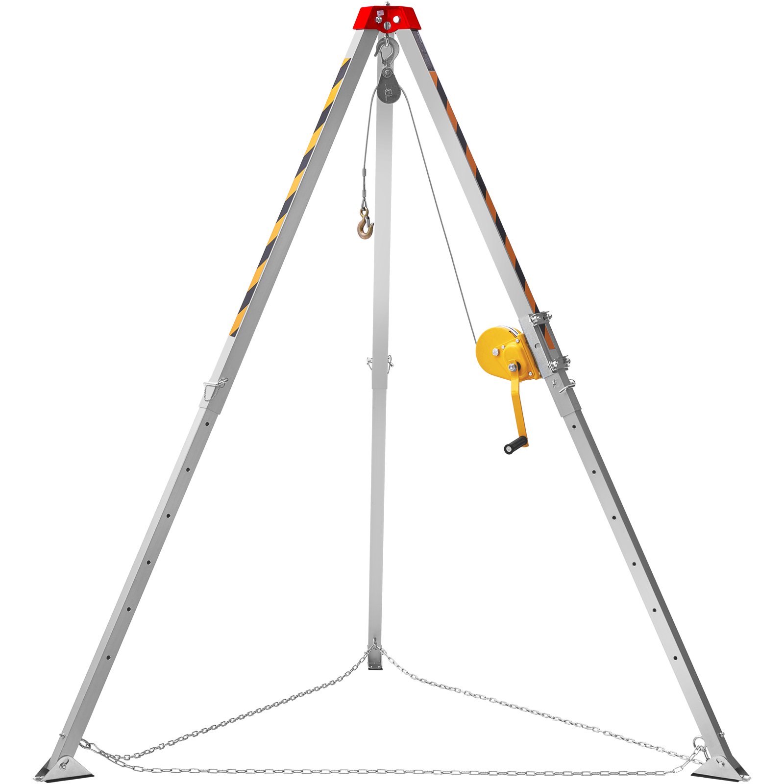 VEVOR confined space tripod kit with yellow winch, chains, and striped gray and yellow legs.