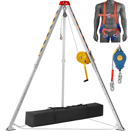 VEVOR Confined Space Tripod Kit, 1800 lbs Winch, Confined Space Tripod 7' Legs and 98' Cable, Confined Space Rescue Tripod 32.8' Fall Protection, Harness, Storage Bag for Traditional Confined Spaces