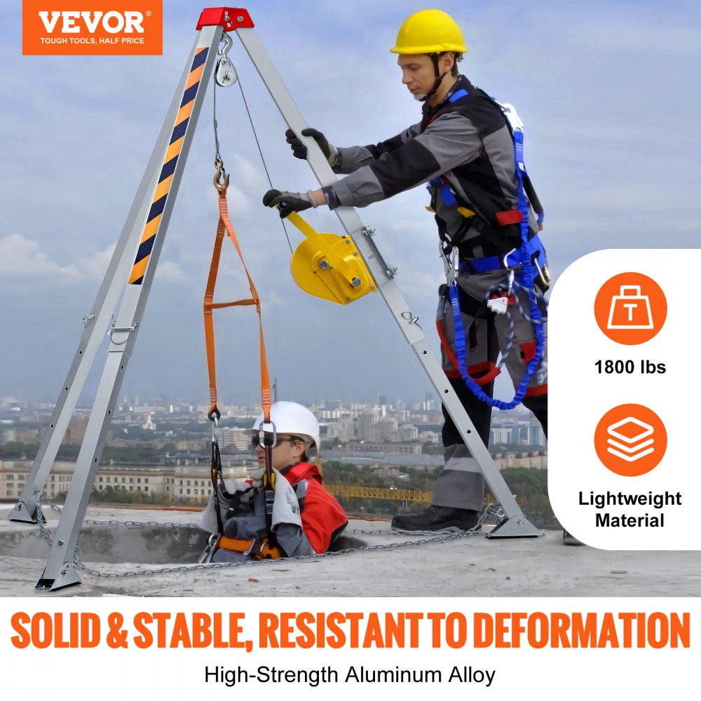 VEVOR Confined Space Tripod Kit, 1800 lbs Winch, Confined Space Tripod 7' Legs and 98' Cable, Confined Space Rescue Tripod 32.8' Fall Protection, Harness, Storage Bag for Traditional Confined Spaces
