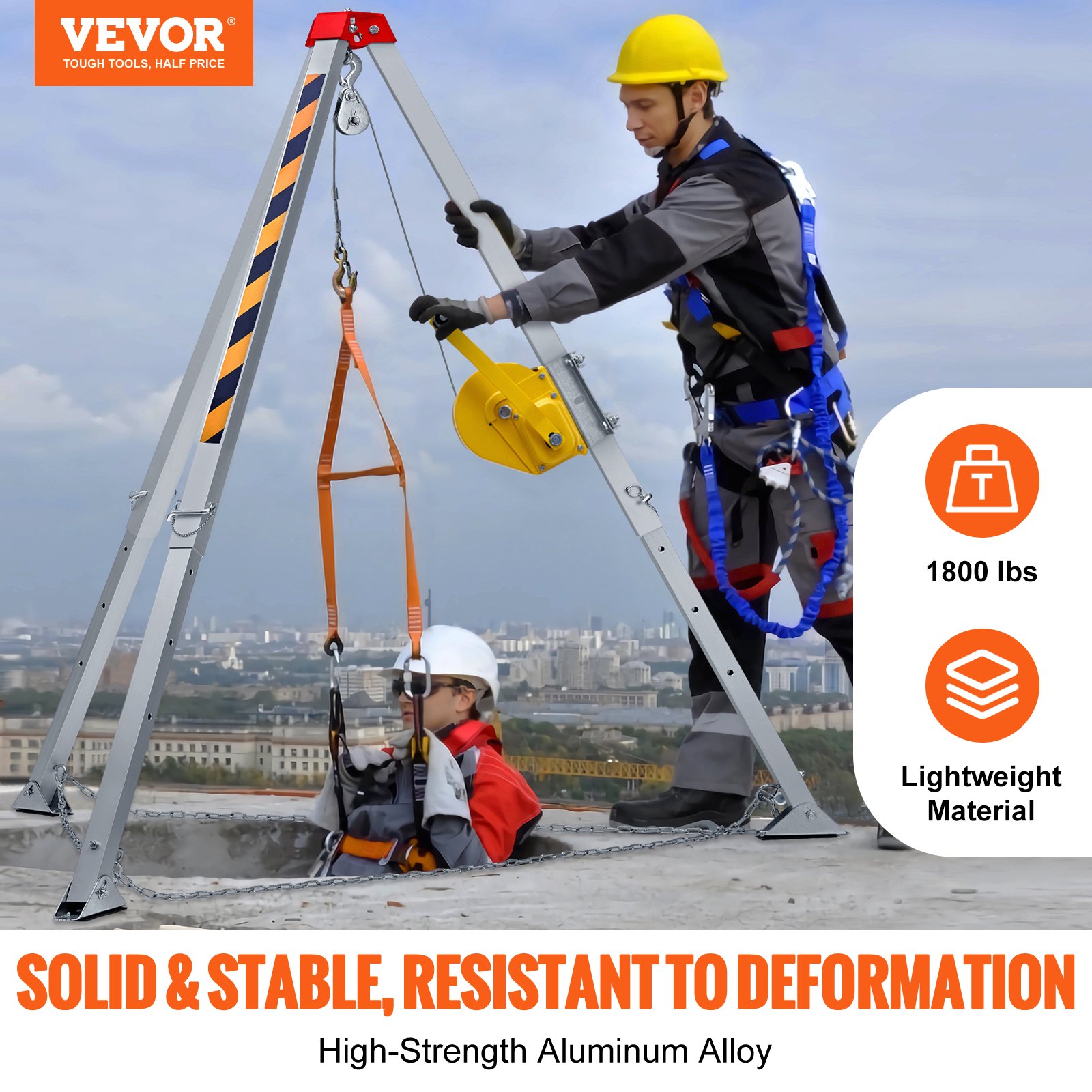 VEVOR Confined Space Tripod Kit, 816.4 kg Winch, Confined Space Tripod 7' Legs and 98' Cable, Confined Space Rescue Tripod 32.8' Fall Protection, Harness, Storage Bag for Traditional Confined Spaces