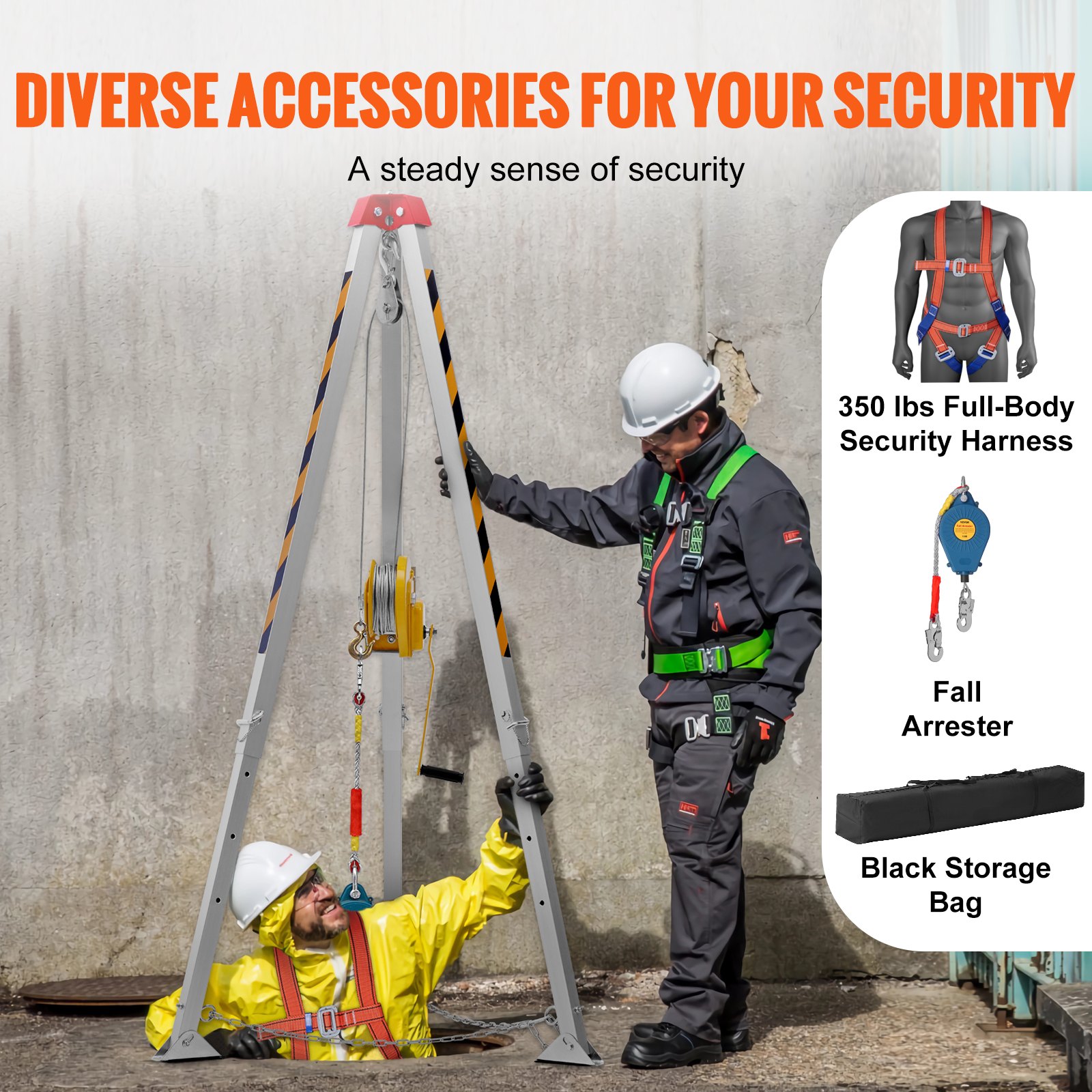 VEVOR Confined Space Tripod Kit, 816.4 kg Winch, Confined Space Tripod 7' Legs and 98' Cable, Confined Space Rescue Tripod 32.8' Fall Protection, Harness, Storage Bag for Traditional Confined Spaces