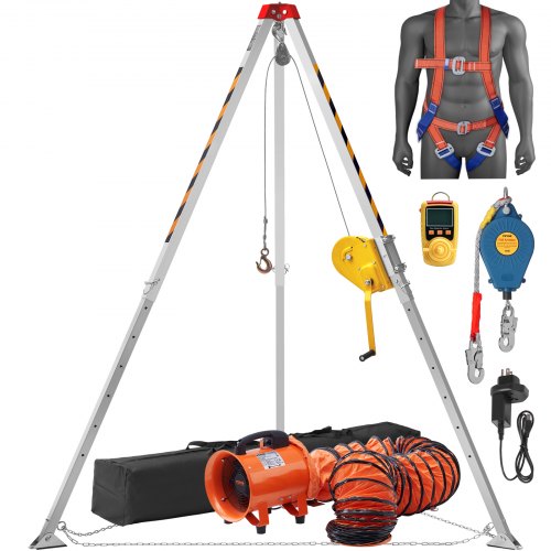 VEVOR 2600 lbs Winch Confined Space Tripod Kit, Confined Space Tripod 8' Legs and 98' Cable, Confined Space Rescue Tripod 33' Fall Protection with Blower, Gas detector, Harness.