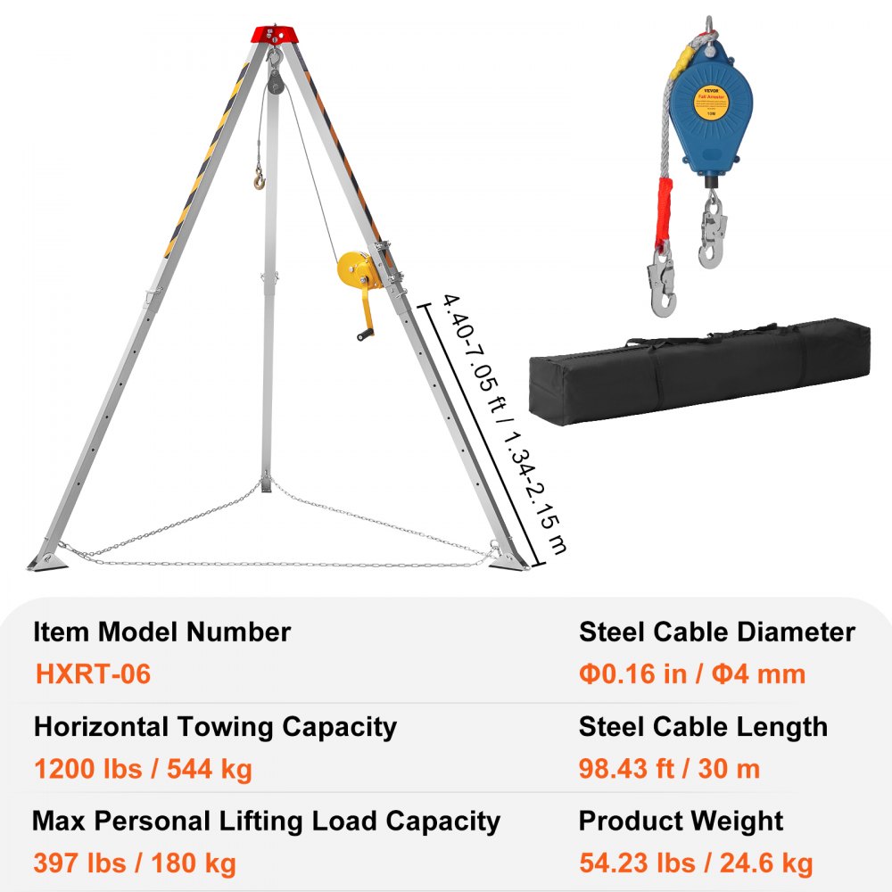 VEVOR Confined Space Tripod Kit, Confined Space Tripod 7' Legs Bracket and 98' Cable, Confined Space Rescue Tripod 32.8' Fall Protection, 1200 lbs Winch, Storage Bag