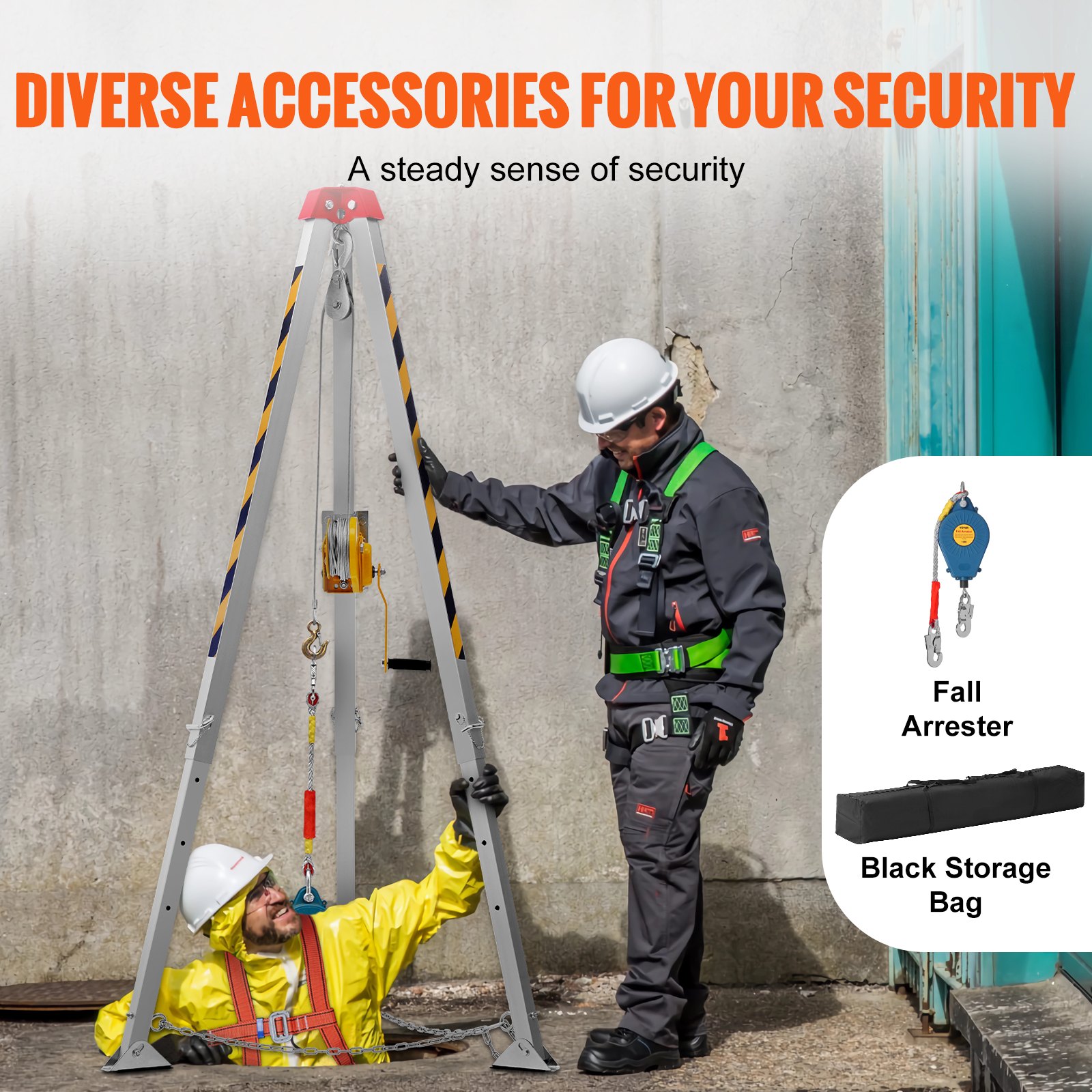 VEVOR Confined Space Tripod Kit, Confined Space Tripod 7' Legs Bracket and 98' Cable, Confined Space Rescue Tripod 32.8' Fall Protection, 1200 lbs Winch, Storage Bag