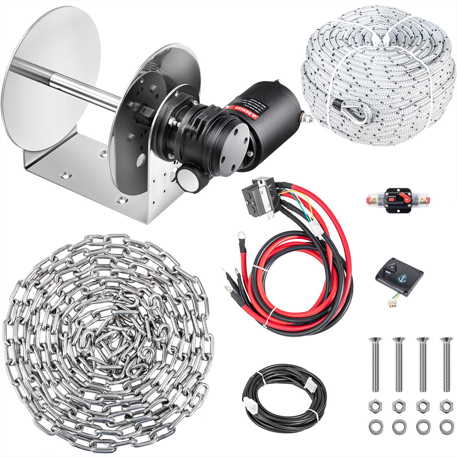 VEVOR Electric Anchor Winch Drum Winch TW240STD 8mmX90M Rope / Chain Full Kit