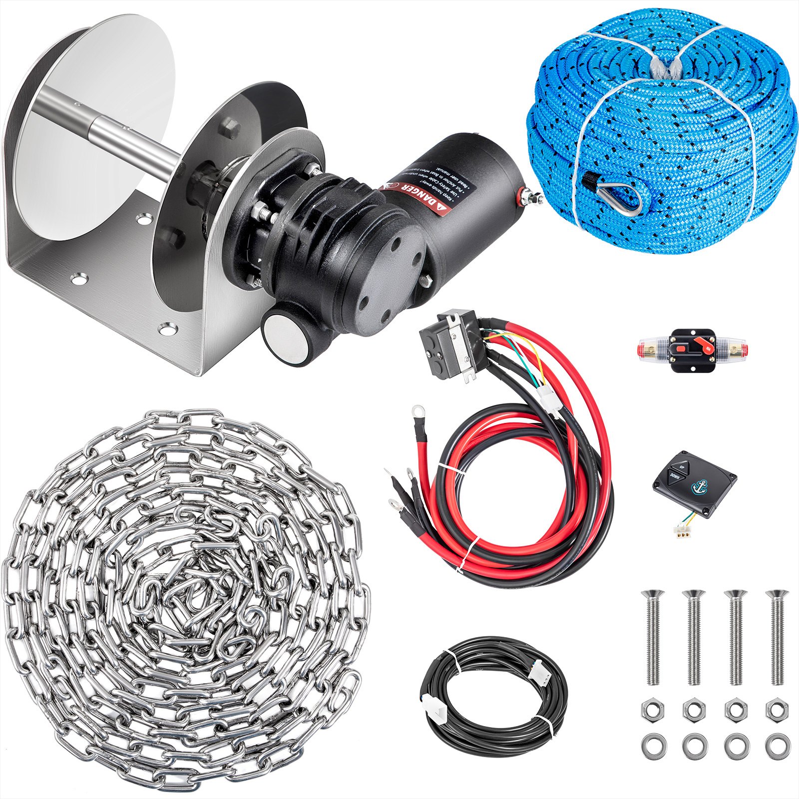 VEVOR Electric Anchor Winch Drum Winch TW180 2500kg 6mmX45M Rope/Chain Full Kit