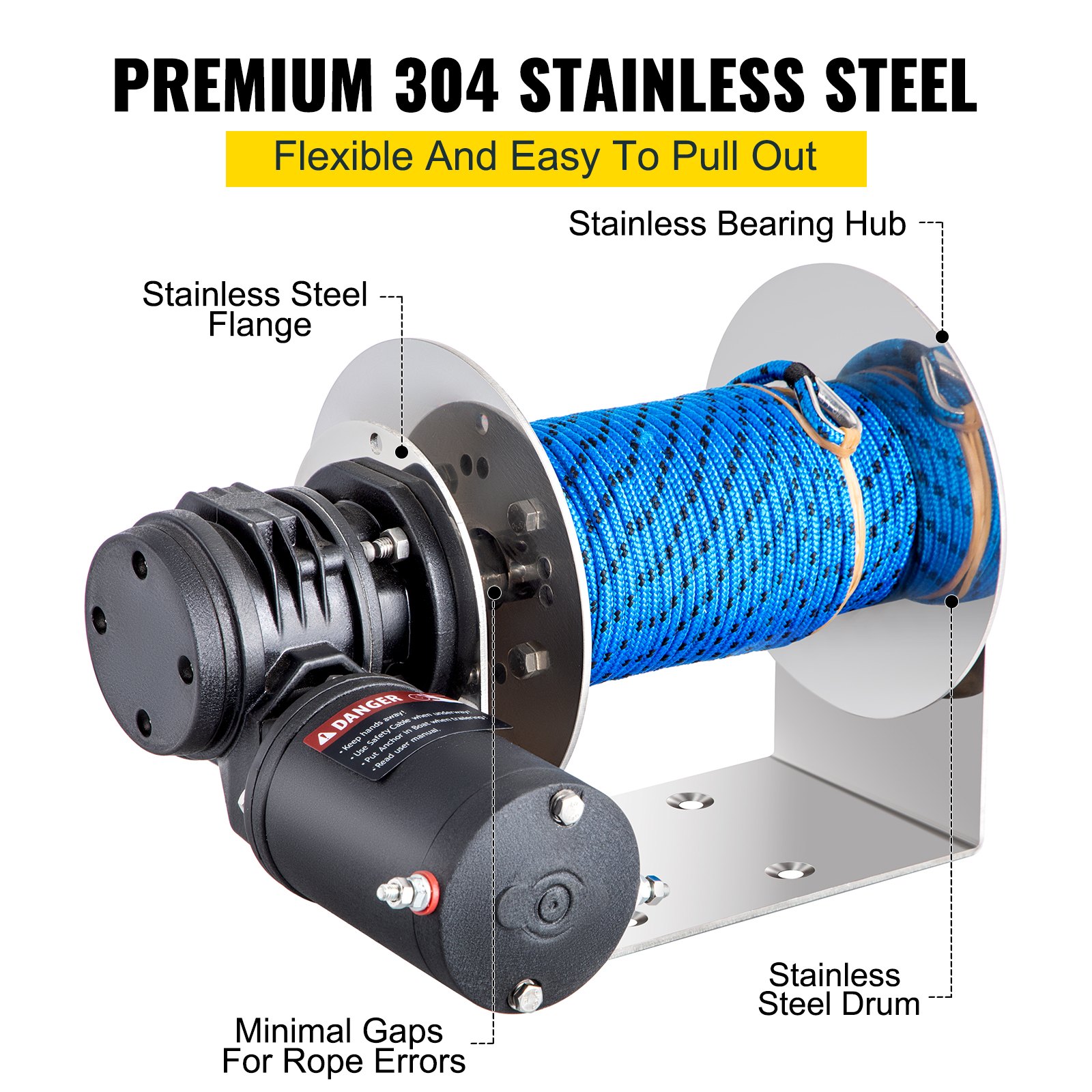 VEVOR Electric Anchor Winch Drum Winch TW180 2500kg 6mmX45M Rope/Chain Full Kit