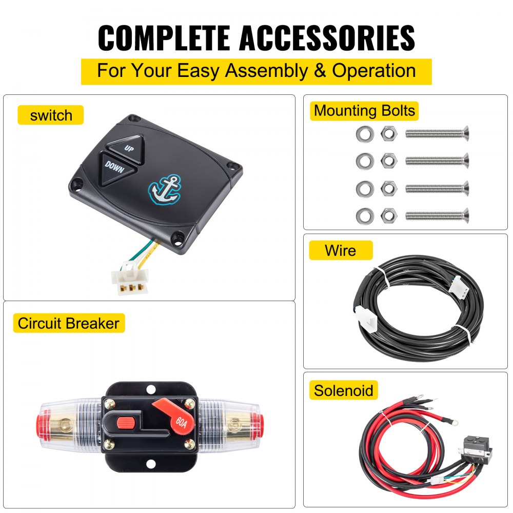 VEVOR Electric Anchor Winch Drum Winch TW200 2500kg 6mmX60M Rope/Chain Full Kit