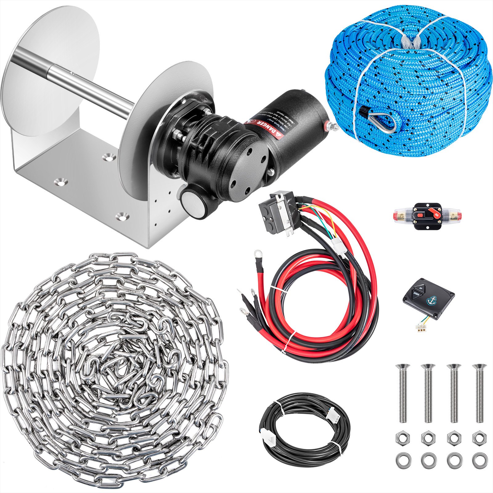 VEVOR Electric Anchor Winch Drum Winch TW200 2500kg 6mmX60M Rope/Chain Full Kit