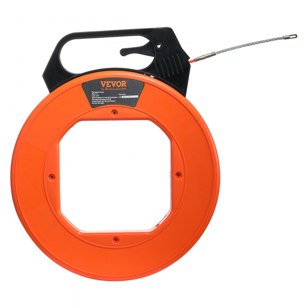 orange VEVOR fish tape with black handle and steel cable tip, used for electrical wiring.