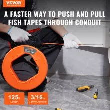 VEVOR Fish Tape, 125-foot, 3/16-inch, PET Wire Puller with Optimized Housing and Handle, Easy-to-Use Cable Puller Tool, Flexible Wire Fishing Tools for Walls and Electrical Conduit, Non-Conductive