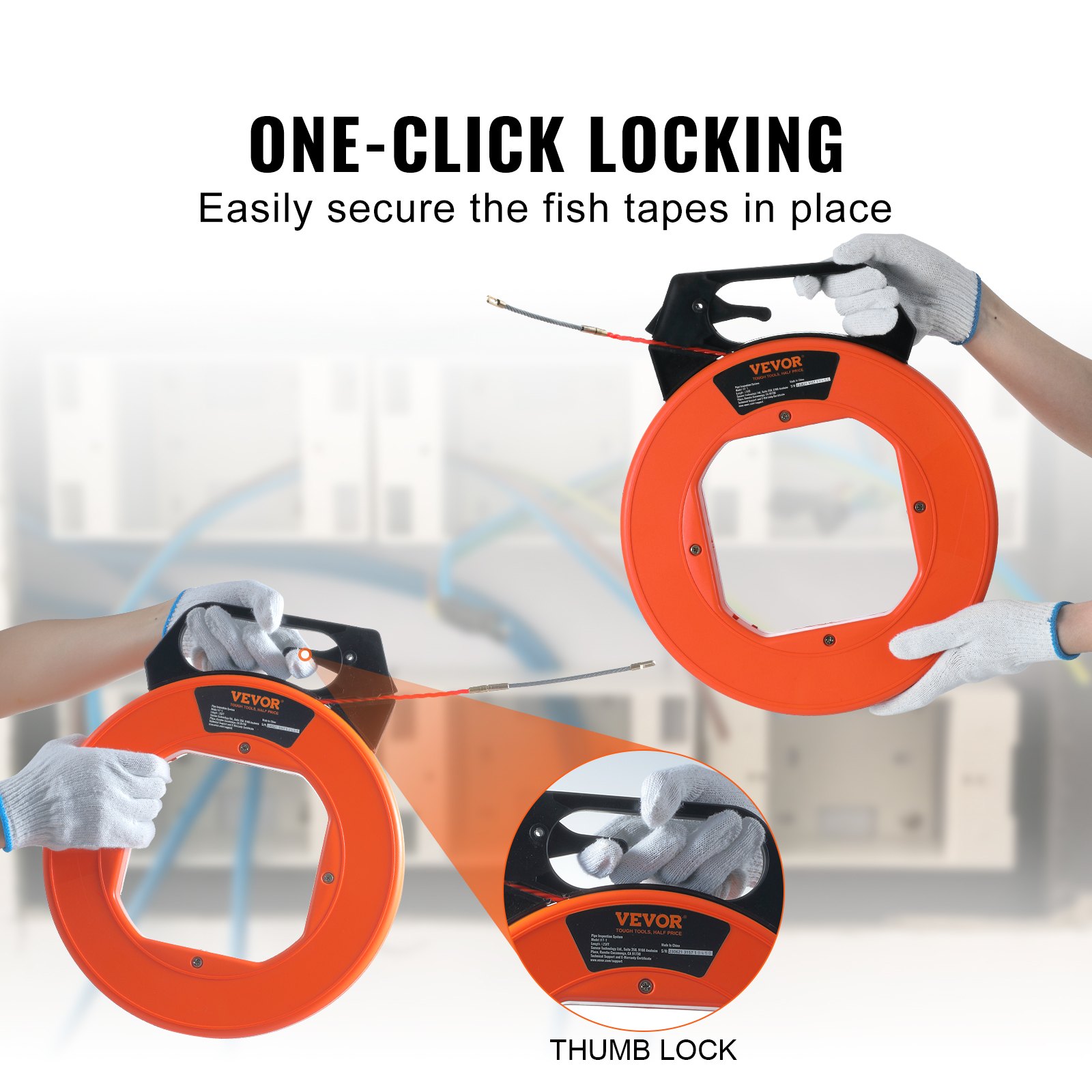 VEVOR fish tape with one-click locking feature and thumb lock in use, held by gloved hands.