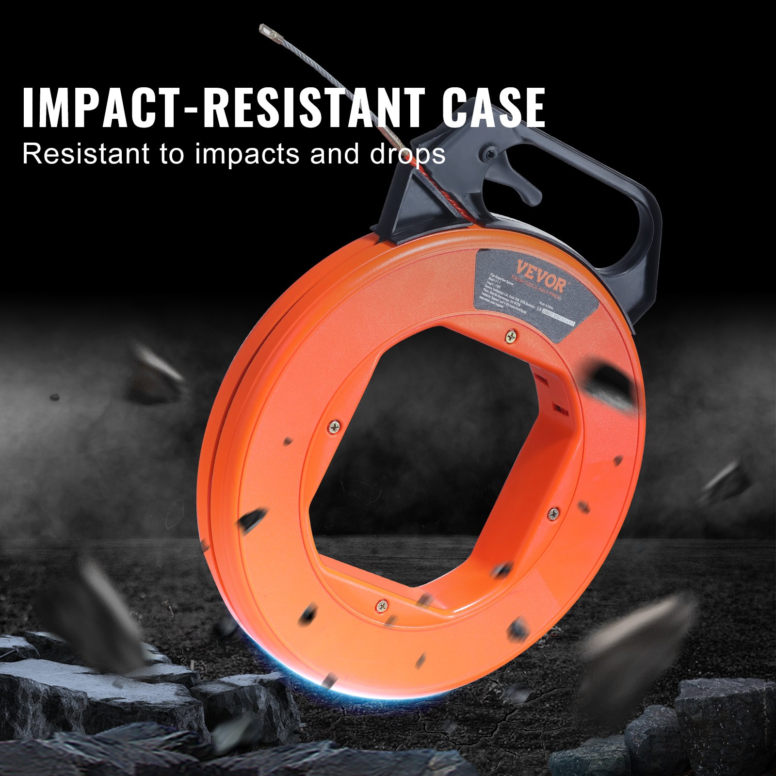 VEVOR fish tape with impact-resistant case in rugged environment, demonstrating durability.