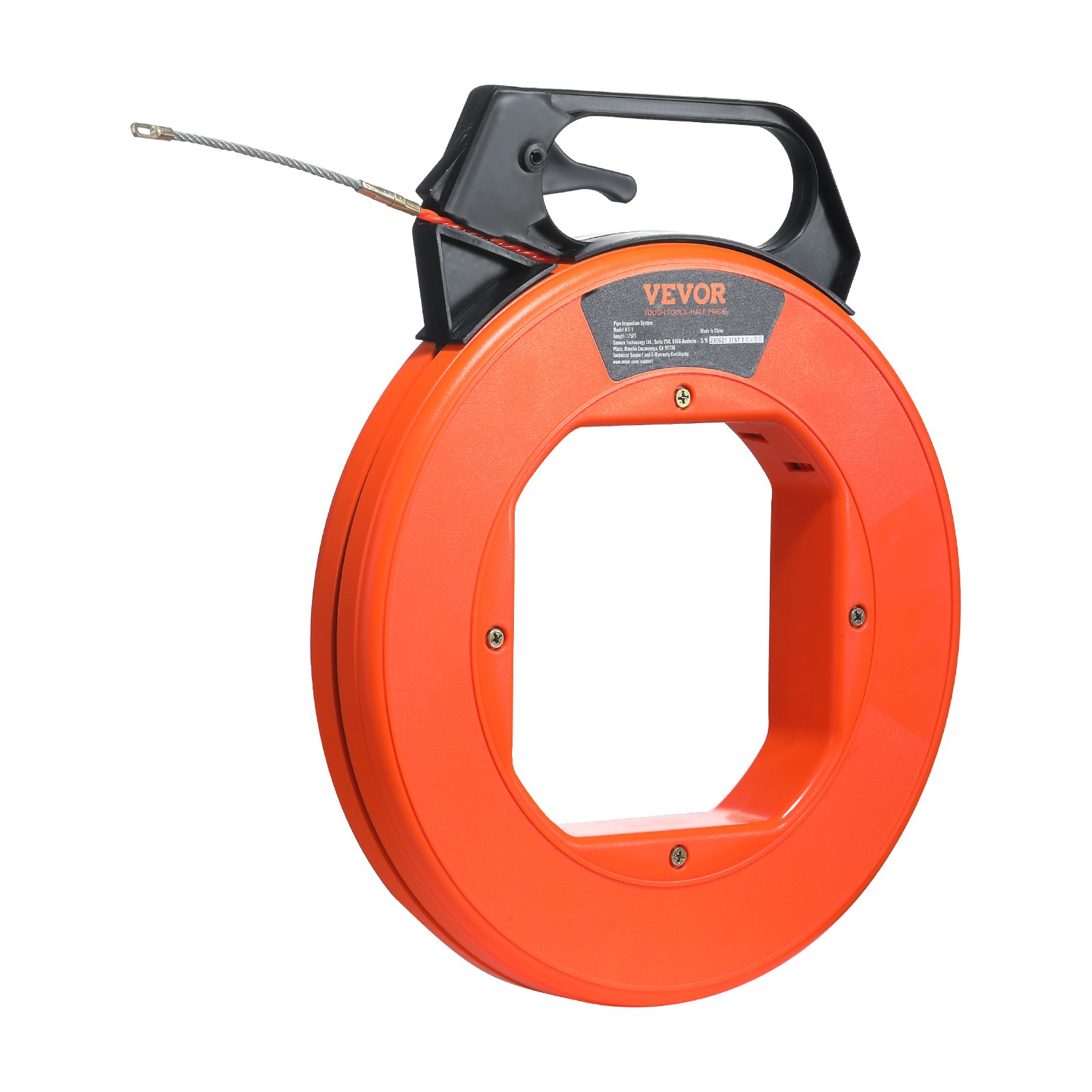 orange VEVOR fish tape reel with black handle and extended metal wire tip.