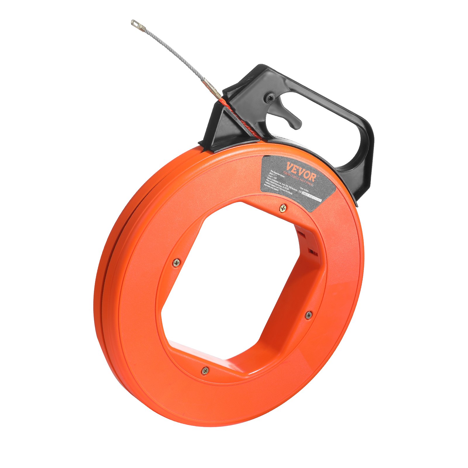 orange VEVOR fish tape with black handle and visible metallic wire end.