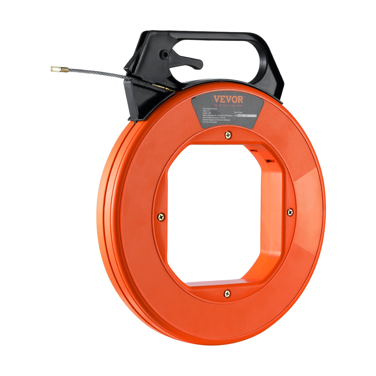 orange VEVOR fish tape with a handle and metal pull tip for wire pulling.