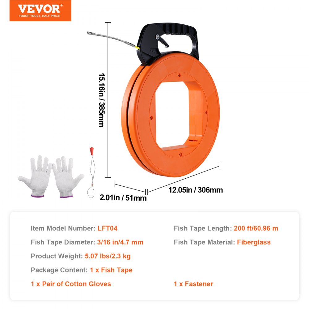VEVOR Fish Tape, 60.96 m 4.7 mm, Fiberglass Wire Puller with Optimized Housing and Handle, Easy-to-Use Cable Puller Tool, Flexible Wire Fishing Tools for Wall and Electrical Conduit, Non-Conductive