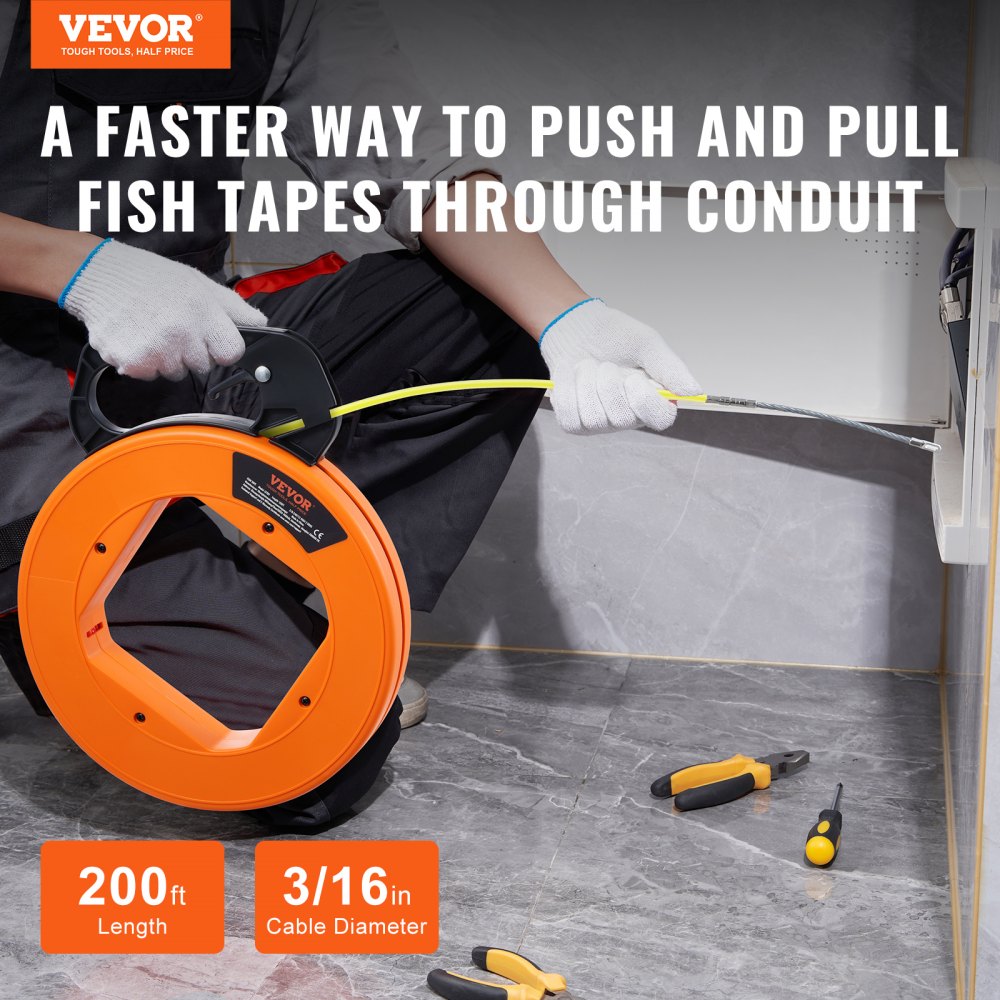 VEVOR Fish Tape, 200 ft, 3/16-inch, Fiberglass Wire Puller with Optimized Housing and Handle, Easy-to-Use Cable Puller Tool, Flexible Wire Fishing Tools for Wall and Electrical Conduit, Non-Conductive