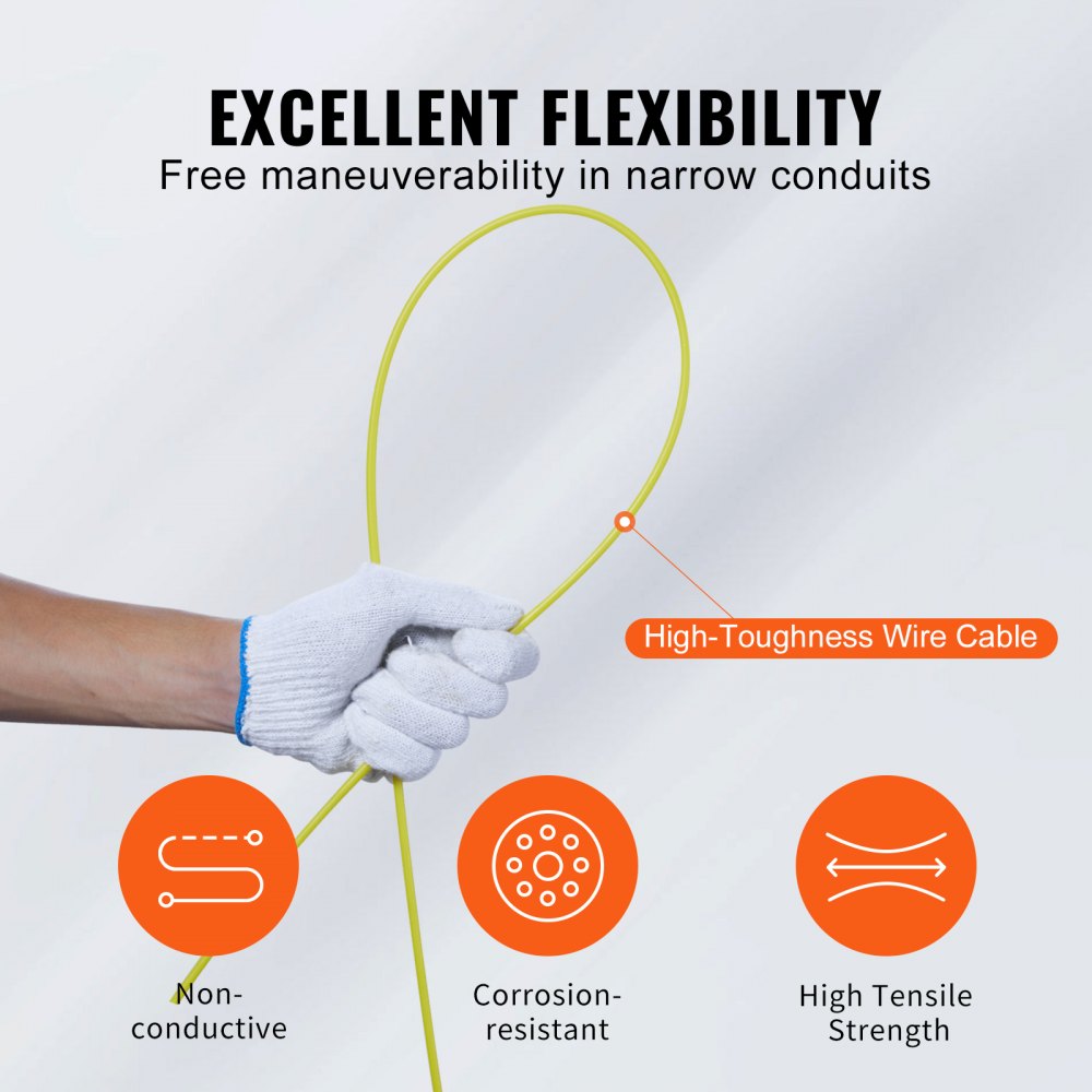 VEVOR Fish Tape, 200 ft, 3/16-inch, Fiberglass Wire Puller with Optimized Housing and Handle, Easy-to-Use Cable Puller Tool, Flexible Wire Fishing Tools for Wall and Electrical Conduit, Non-Conductive