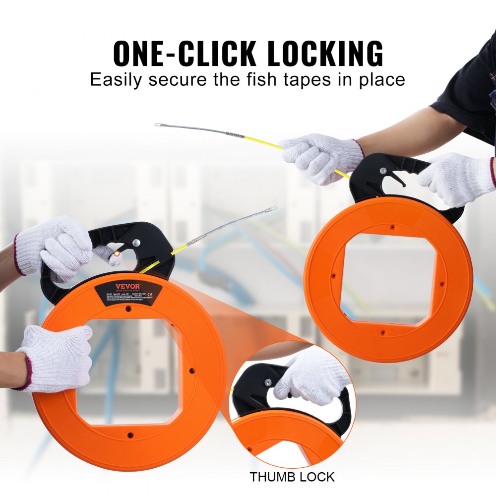 VEVOR Fish Tape, 200 ft, 3/16-inch, Fiberglass Wire Puller with Optimized Housing and Handle, Easy-to-Use Cable Puller Tool, Flexible Wire Fishing Tools for Wall and Electrical Conduit, Non-Conductive