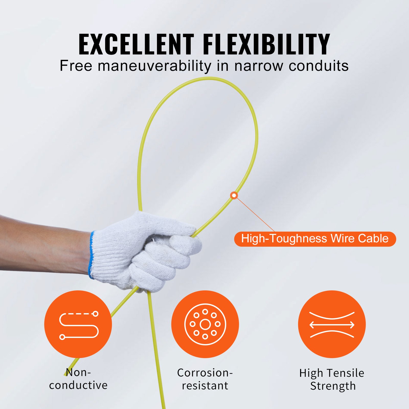 VEVOR Fish Tape, 200 ft, 3/16-inch, Fiberglass Wire Puller with Optimized Housing and Handle, Easy-to-Use Cable Puller Tool, Flexible Wire Fishing Tools for Wall and Electrical Conduit, Non-Conductive